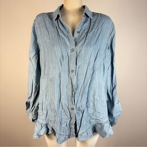 Standard Grace Lyocell Chambray Button Down Shirt | Light Wash Ruffle Hem Top L